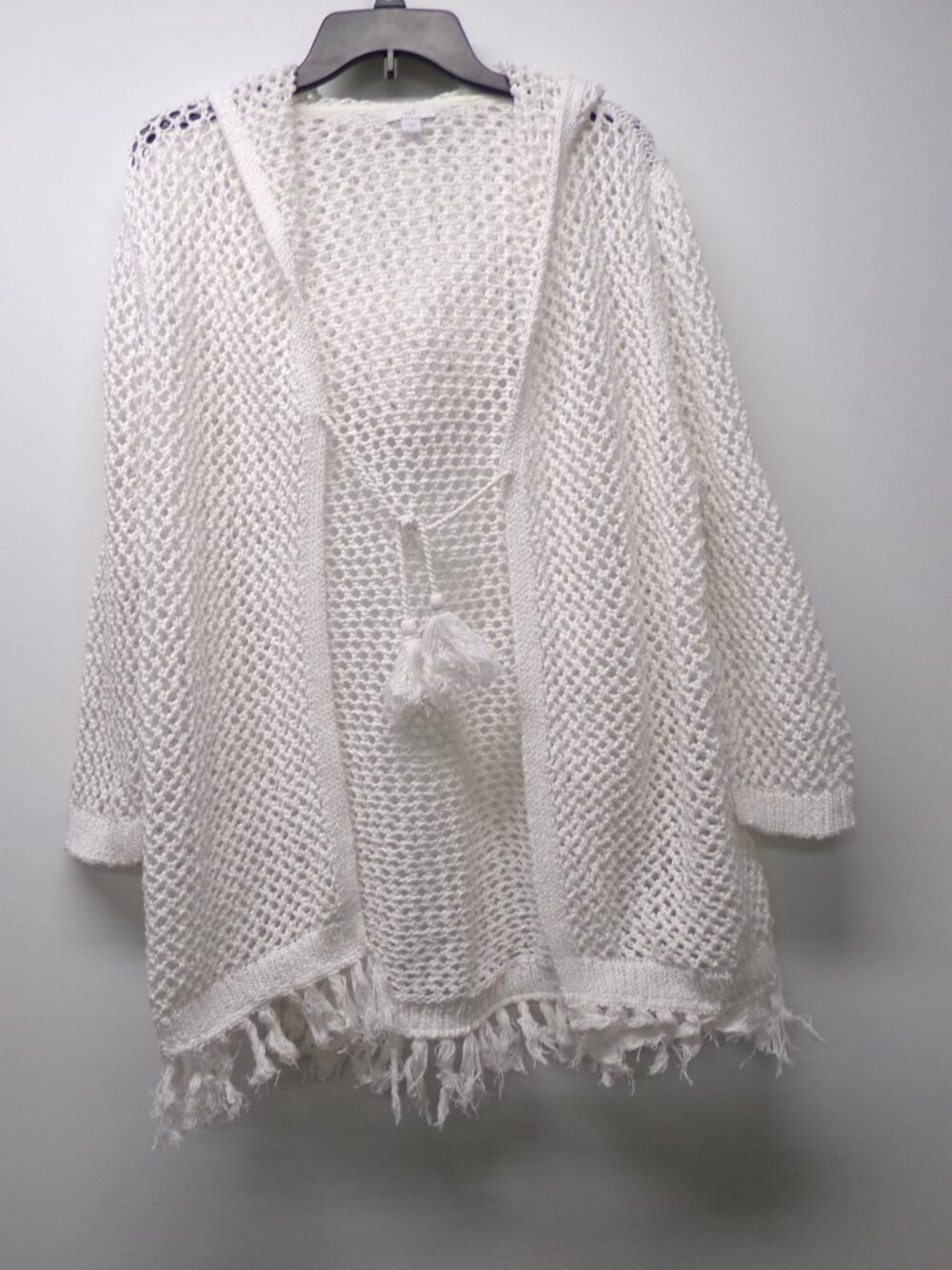 J Jill Coastal Bohemian Open Crochet Knit Hooded Fringe Cardigan Sz Large